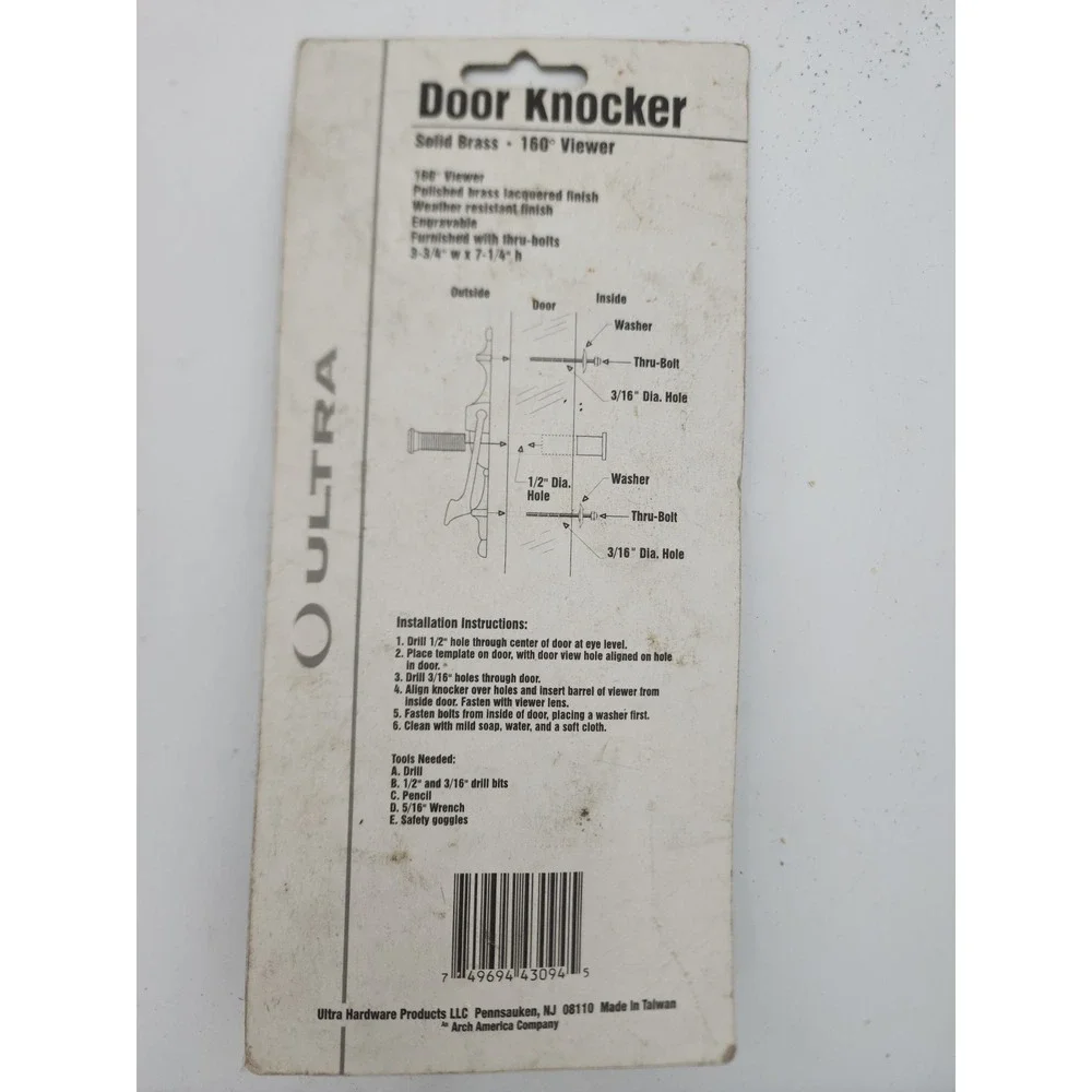 New Ultra Hardware Solid Brass Door Knocker W/ 160° Viewer Peephole